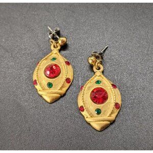 DALE Dangle Earrings Holiday Ornament Gold Tone Red Green Rhinestones Vtg 1.5"